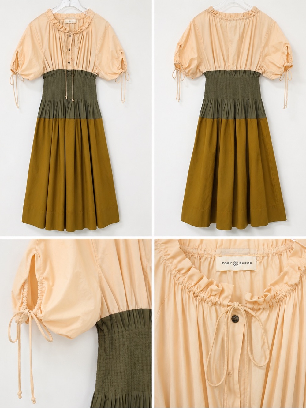 Tory Burch Peach Bodice Olive Smocked-Waist Midi Dress
